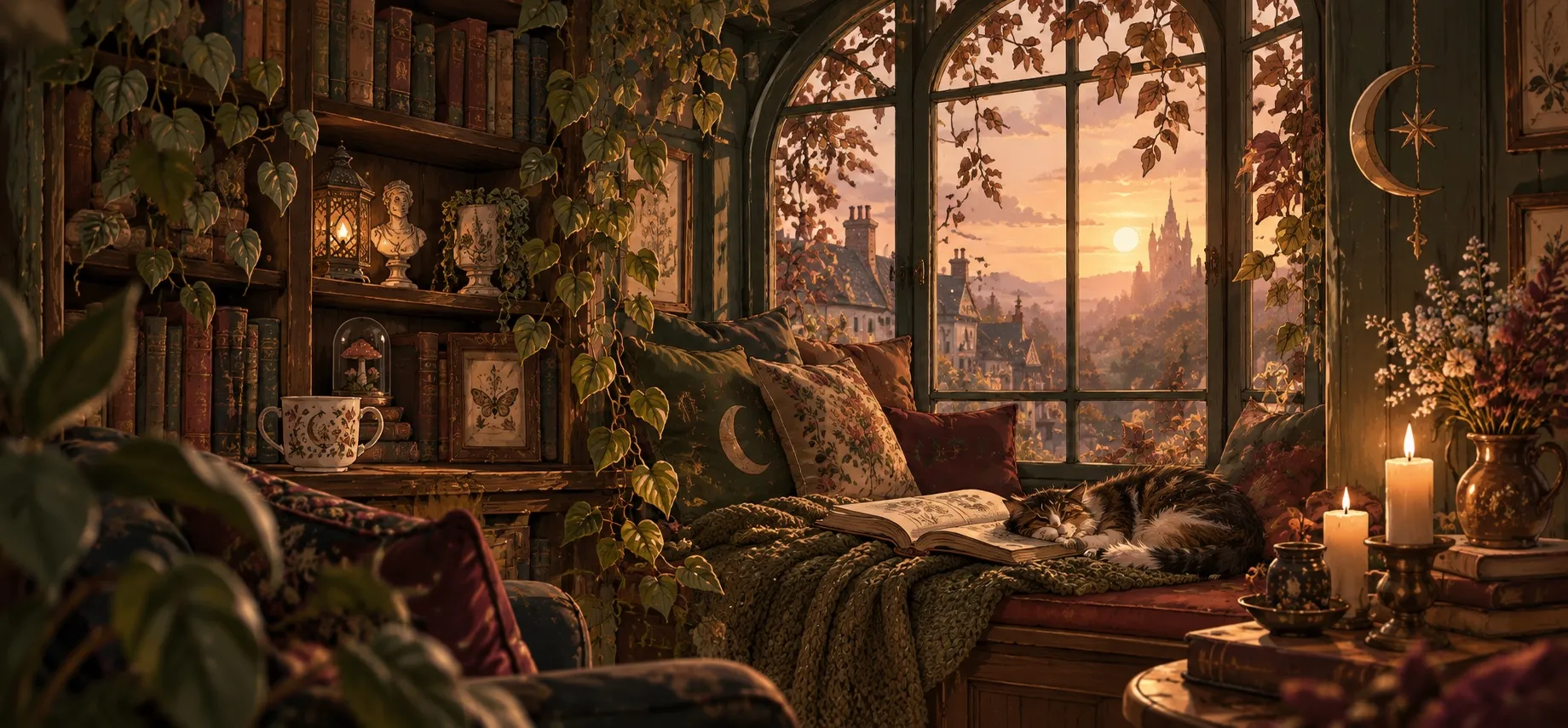 A candlelit reading nook at sunset: a cushioned window seat with an open book and a sleeping tabby cat, framed by trailing ivy and shelves of old books, looking out over a spired town below.